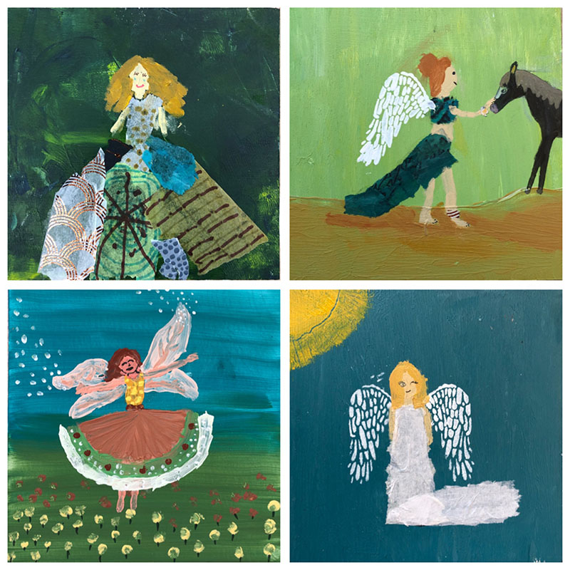 Mixed Media Angels made by kids 1 - Mixed Media Angels Painting Class - Brave Art Academy